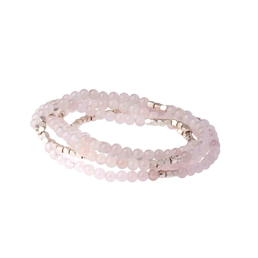 Scout Rose Quartz wrap bracelet in soft pink translucent stone beads with plated brass, Stone of the Heart