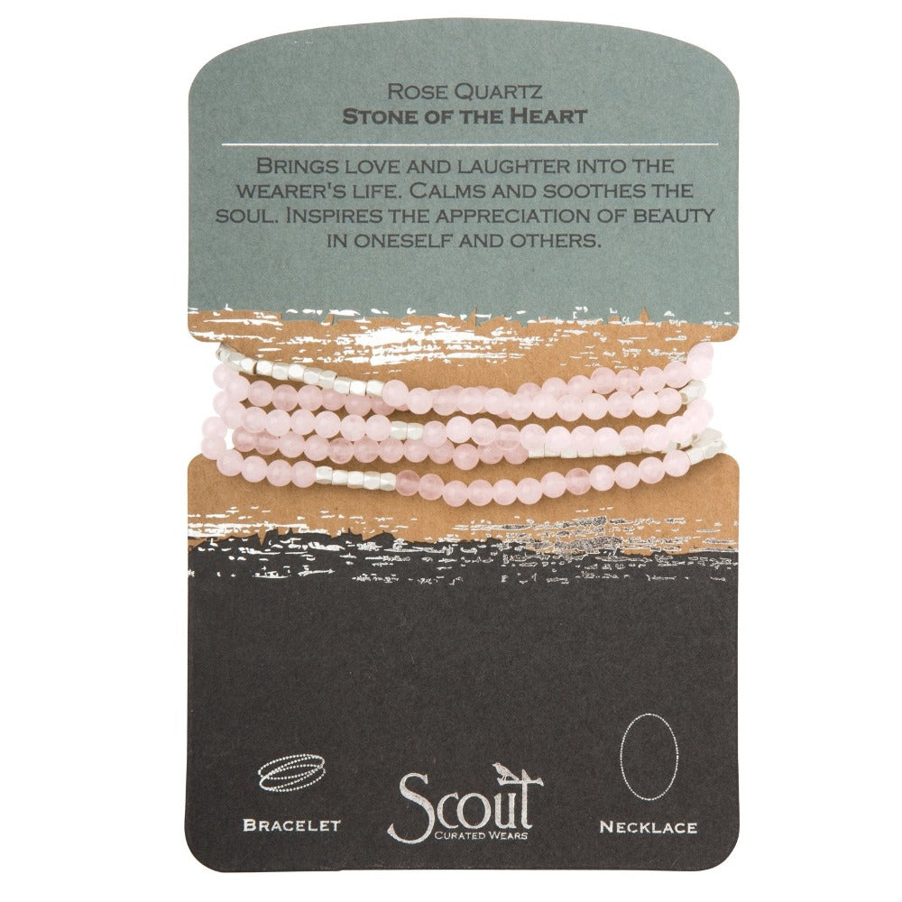 Scout Rose Quartz Stone of the Heart wrap worn as a necklace, semi-precious beads on stretch cord