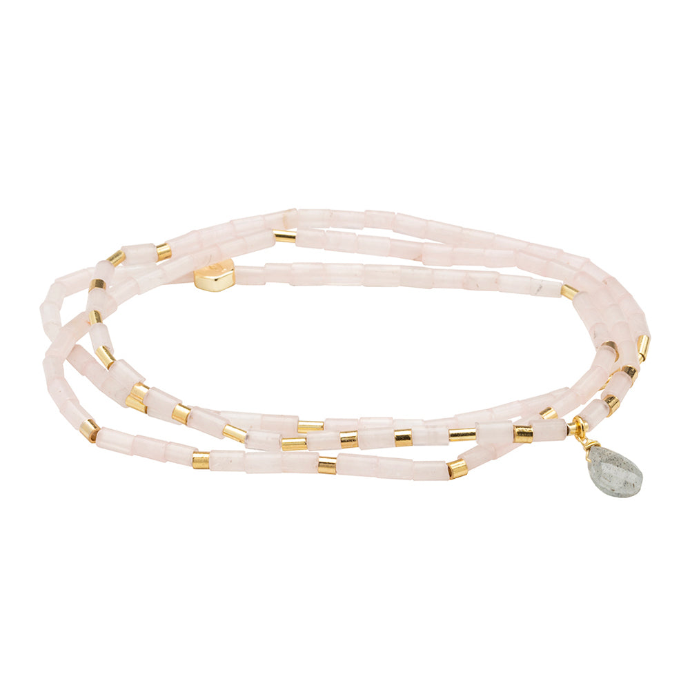 Scout Rose Quartz and Labradorite Teardrop Wrap in faceted teardrop stones with metal accents, Stone of Love