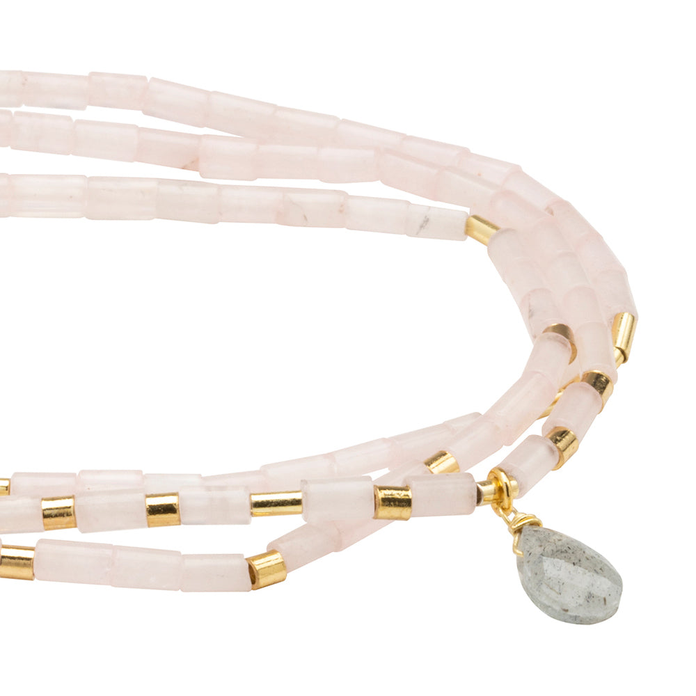 Scout Rose Quartz and Labradorite Teardrop Wrap close detail of faceted teardrop gemstone beads
