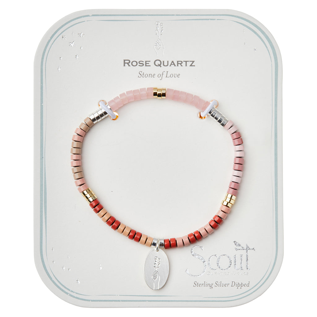 Scout Rose Quartz Charm Bracelet displayed on Stone of Love story card