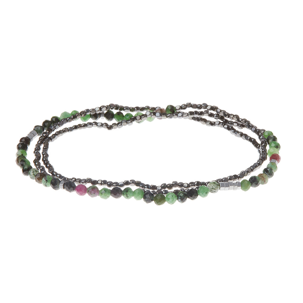 Scout delicate Ruby Zoisite wrap in faceted green and pink stone beads, Stone of Connection