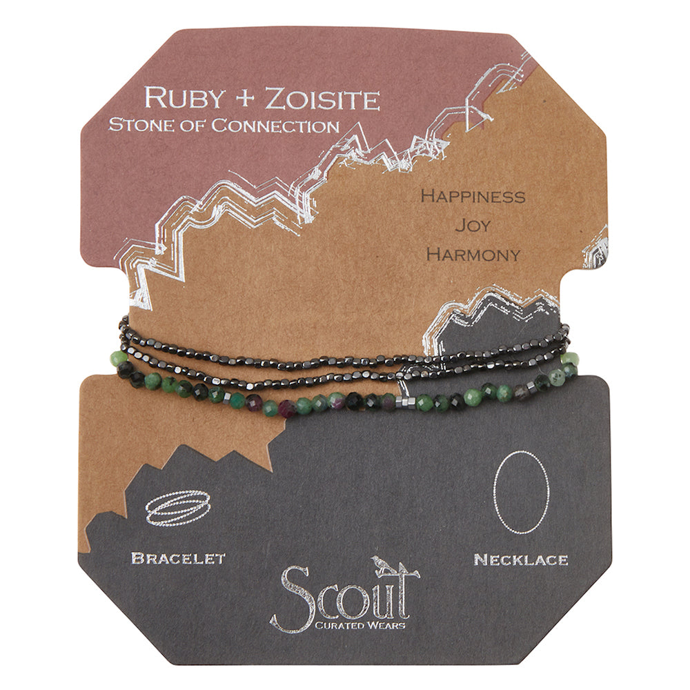 Scout delicate Ruby Zoisite Stone of Connection wrap worn layered at the wrist