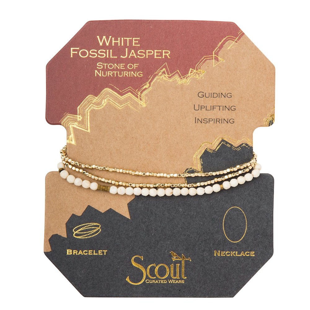 Scout delicate White Fossil Stone of Nurturing wrap worn layered at the wrist